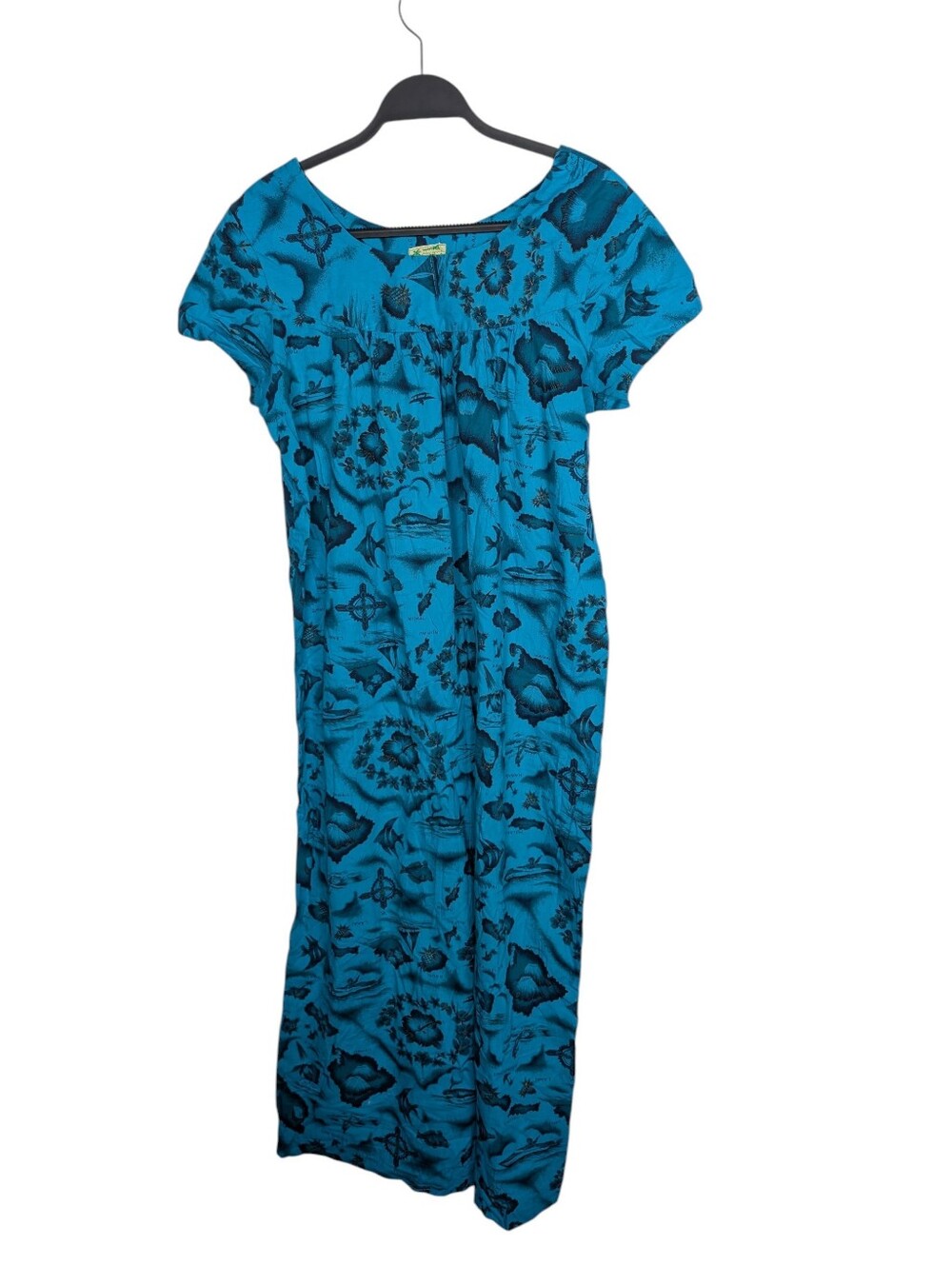 Vintage Ui-Maikai Hawaii Map Print Dress Turquoise Gold Cotton Muumuu Size Large